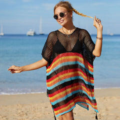 Summer Rainbow Striped Oversized Crochet Brazilian Beach Tunic Cover Up