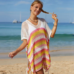 Summer Rainbow Striped Oversized Crochet Brazilian Beach Tunic Cover Up