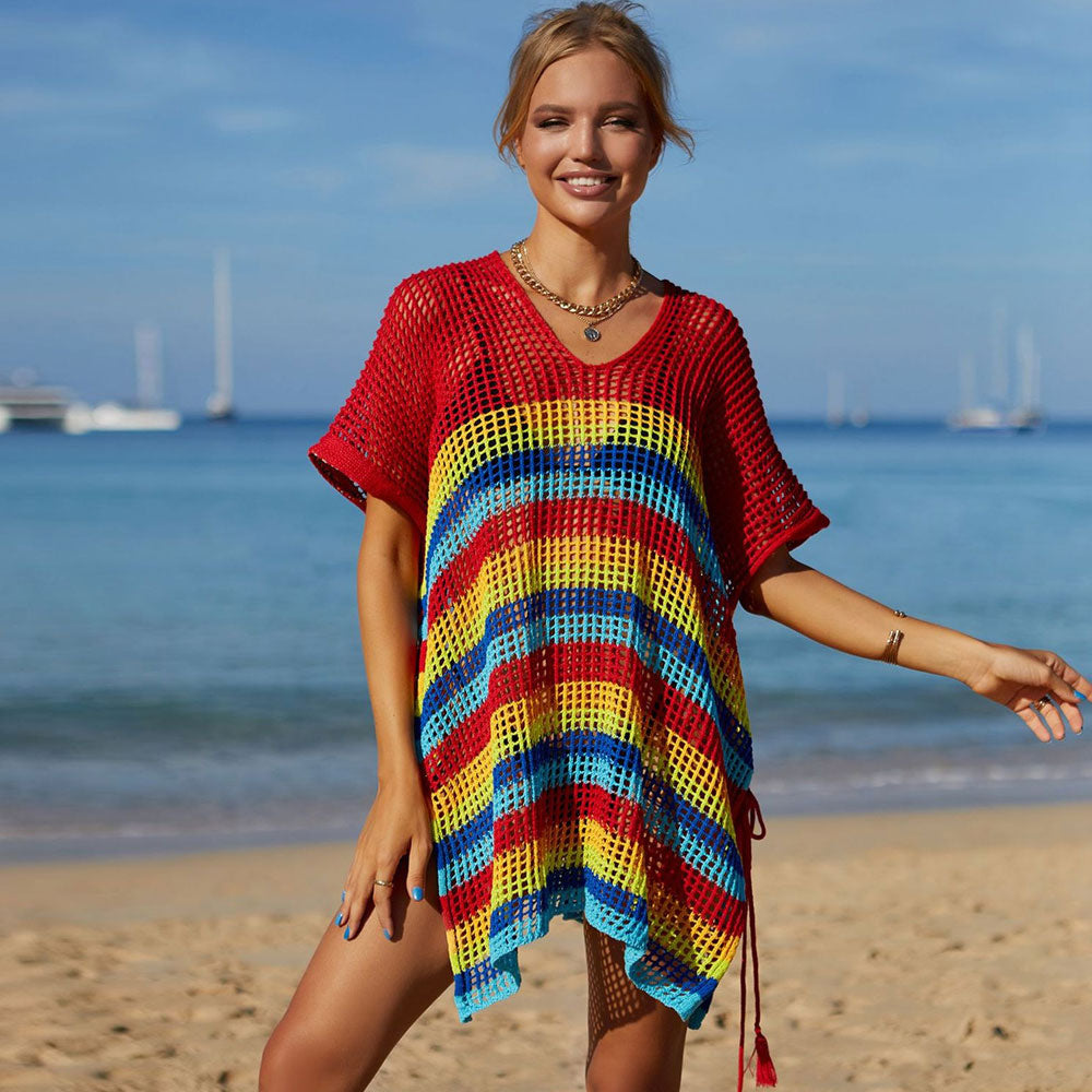 Túnica playera brasileña de crochet extragrande con rayas arcoíris de verano