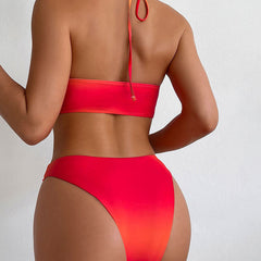 Sunset High Cut Cheeky Cutout Bandeau Halter Brazilian Three Piece Bikini Swimsuit