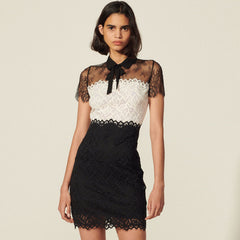 Sweet Contrast Color Short Sleeve Eyelash Lace Mini Dress - Black