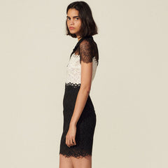 Sweet Contrast Color Short Sleeve Eyelash Lace Mini Dress - Black