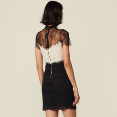 Sweet Contrast Color Short Sleeve Eyelash Lace Mini Dress - Black