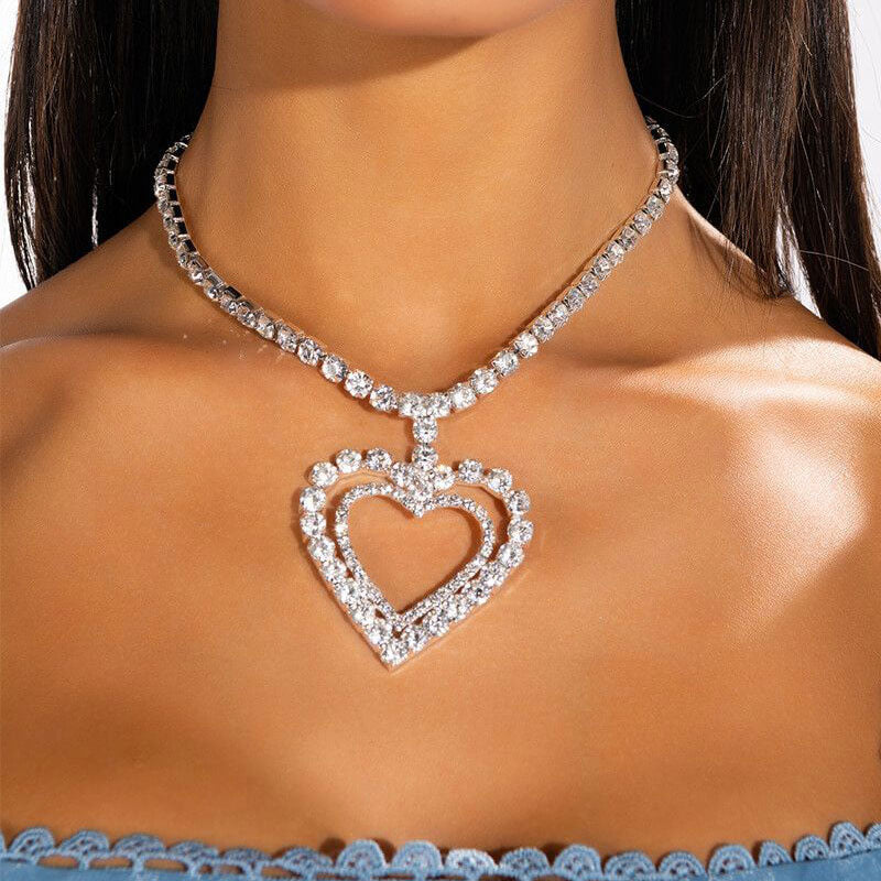 Collar con colgante de corazón doble y cristales - Plata