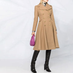 Sweet Notched Lapel Double Breasted Fit and Flare Long Sleeve Wool Blend Coat