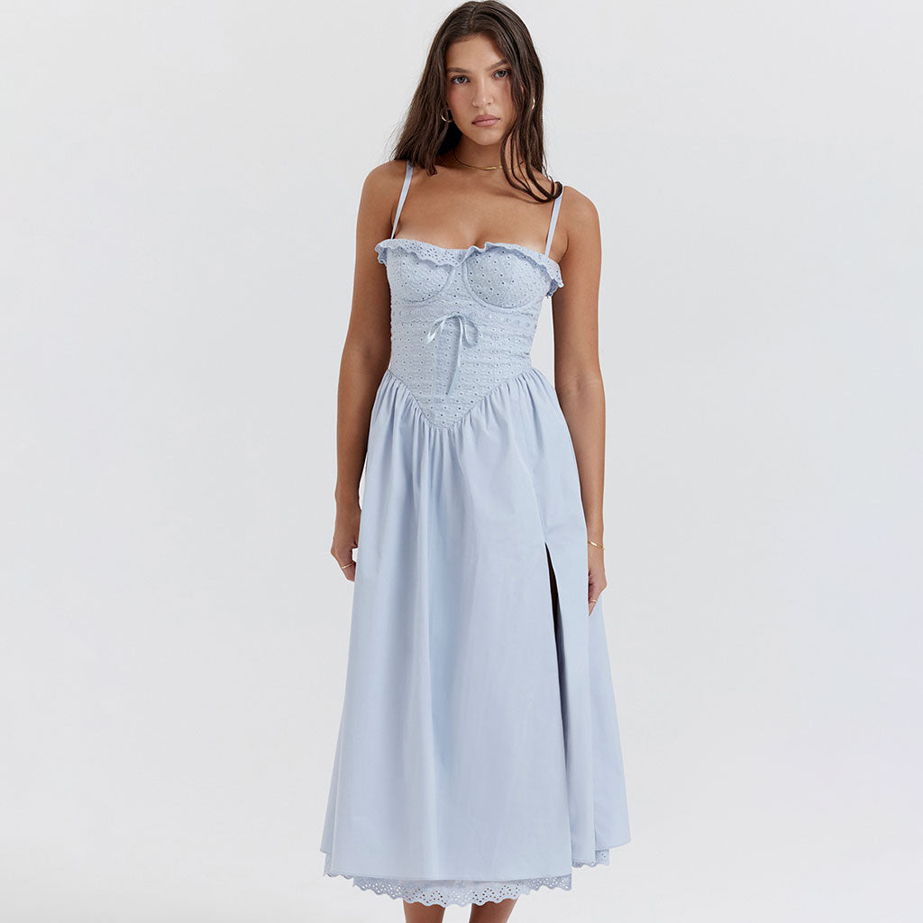 Sweet Ruffle Trim Lace Up Split High Drop Waist Broderie Anglaise Midi Sundress