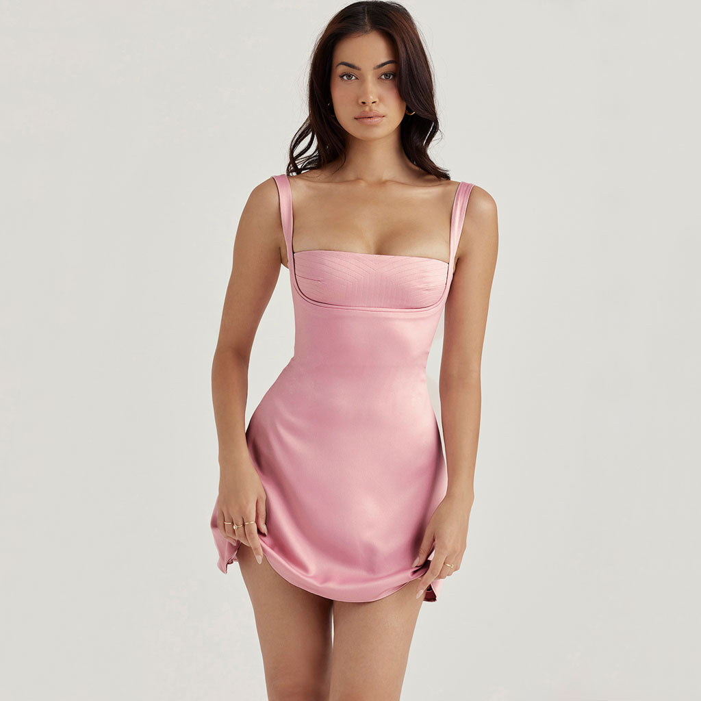 Sweet Square Neck Suspender Strap Satin Mini Dress - Pink