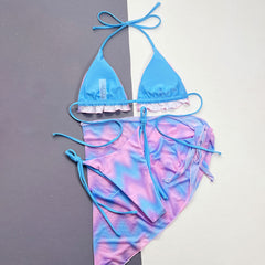 Sweet Wavy Tie Dye Tie String Ruffle Triangle Brazilian Three Piece Bikini Swimsuit