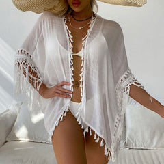 Swing Fringe Crochet Wide Sleeve Open Front Brazilian Beach Gauze Cover Up