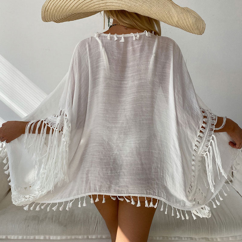 Vestido playero brasileño de gasa con flecos, crochet, mangas anchas y abertura frontal