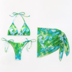 Swirl Sarong Tie String Cheeky Triangle Neckholder Brasilianischer dreiteiliger Bikini-Badeanzug