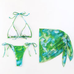 Swirl Sarong Tie String Cheeky Triangle Neckholder Brasilianischer dreiteiliger Bikini-Badeanzug