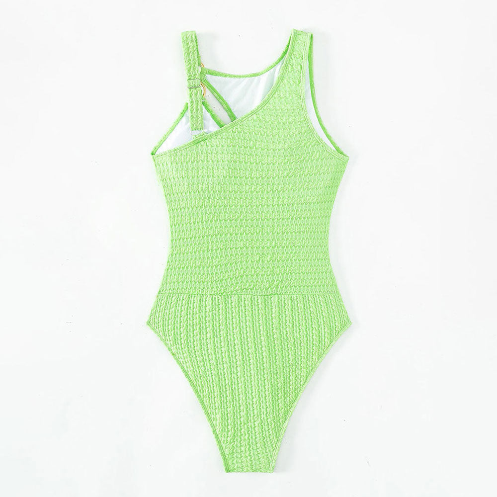 Textured Solid Asymmetrical Cut Out O Ring Moderate Brazilian One Piece Swimsuit