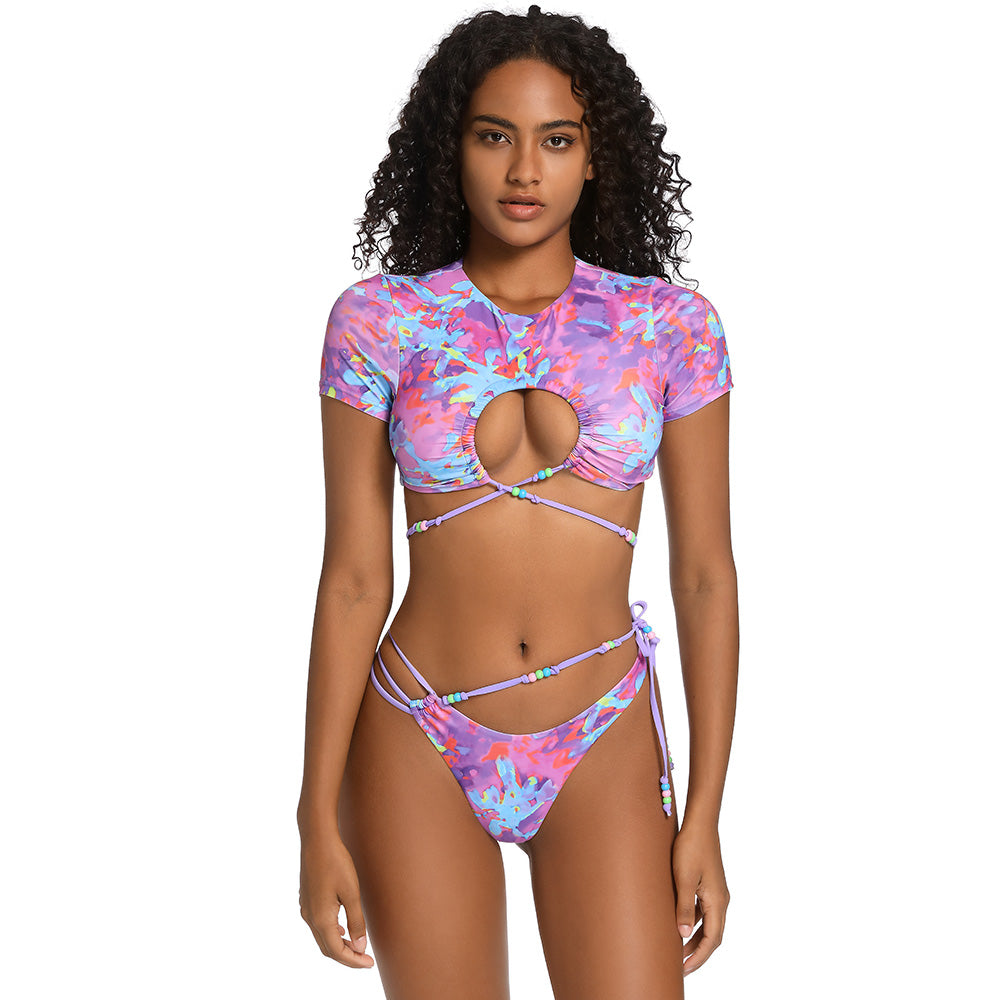 Tie Dye High Cut Thong Cutout Wrap Crop Brazilian Two Piece Bikini Swimsuit