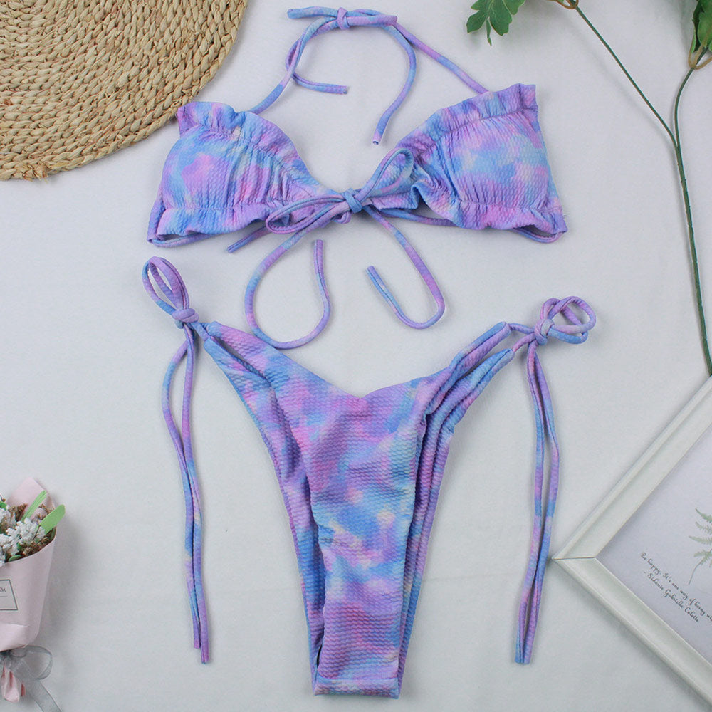 Tie Dye Ruched Tied String Slide Triangle Brazilian Two Piece Bikini Swimsuit