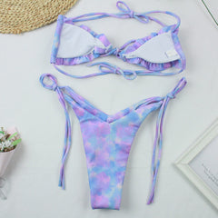 Tie Dye Ruched Tied String Slide Triangle Brazilian Two Piece Bikini Swimsuit