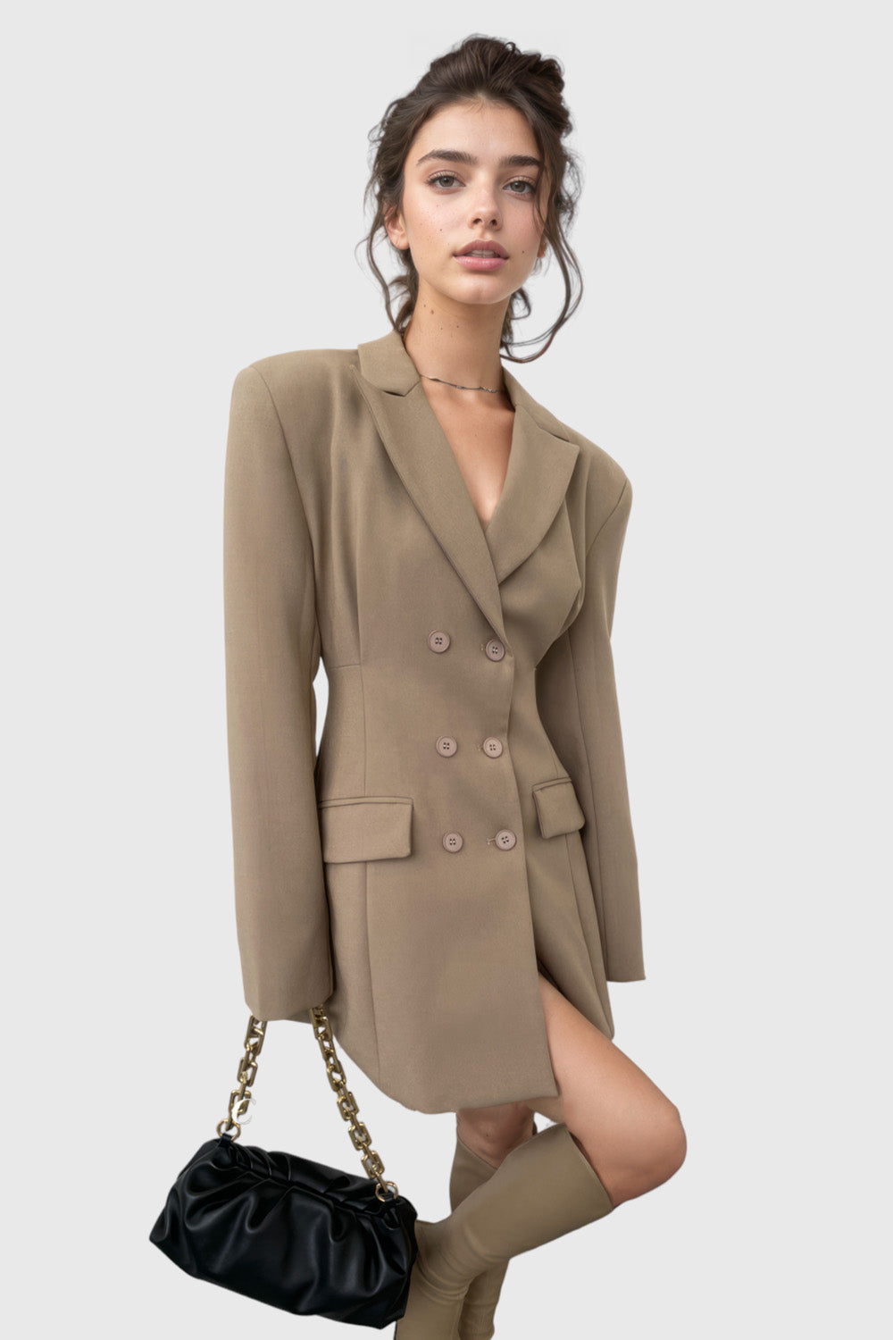 Double Breasted Cambered BlazerDress - Brown