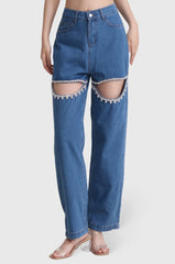 High Waisted Jeans with Cut Outs - Dark Blue