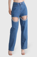 High Waisted Jeans with Cut Outs - Dark Blue