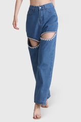 High Waist Jeans mit Cut Outs - Dunkelblau