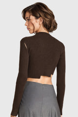 Short Knitted Top with Cut Hem - Brown