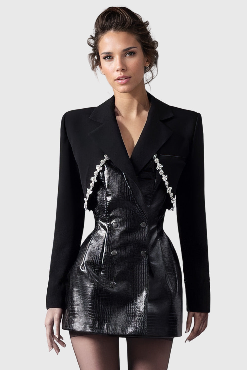 Blazer a medida con vestido de cuero - Negro