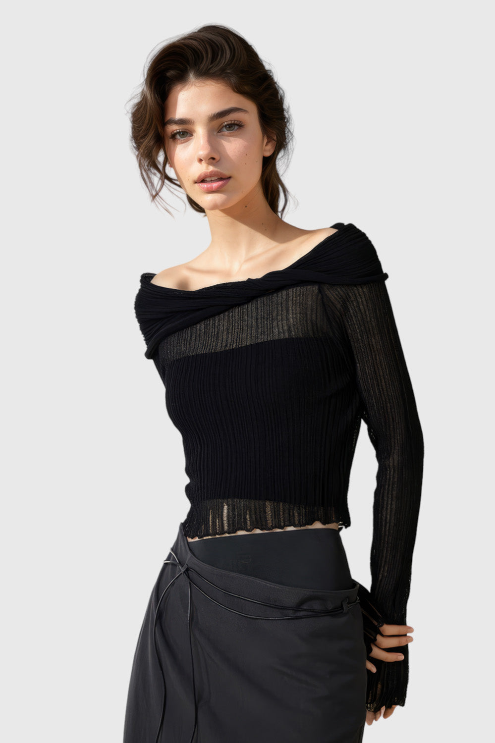 Off Shoulders Ribbed Top - Black