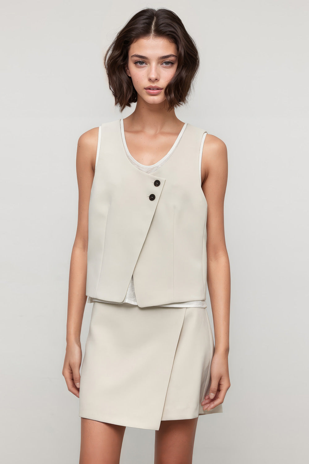 Waistcoat Top with Asymmetrical Fastening - Beige