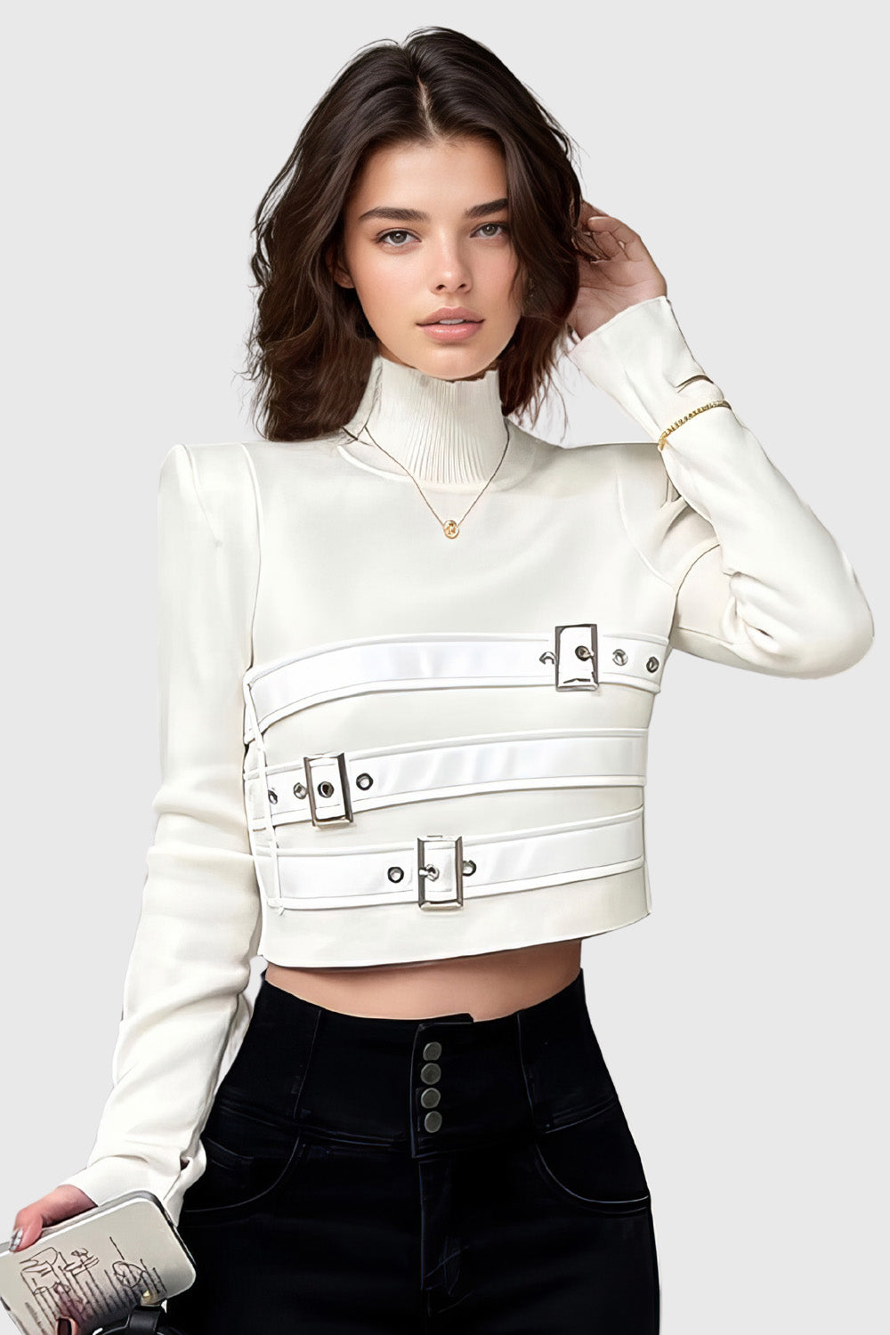 Cropped Top mit Ledergürteln - Weiß