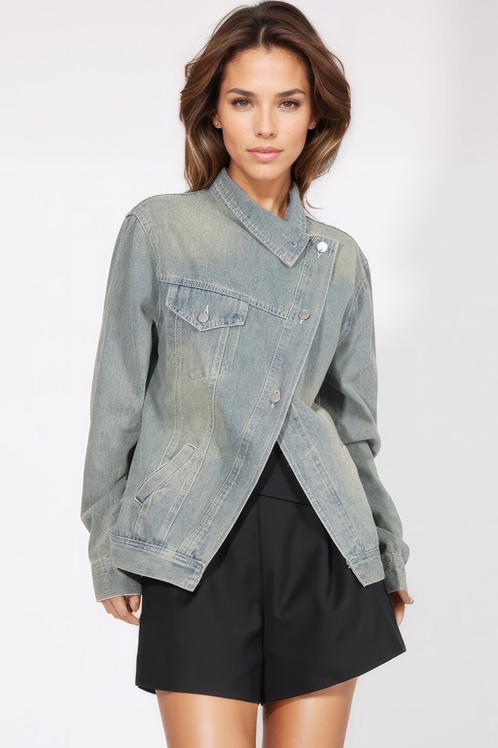 Denim Jacket with Irregular Closure - Blue