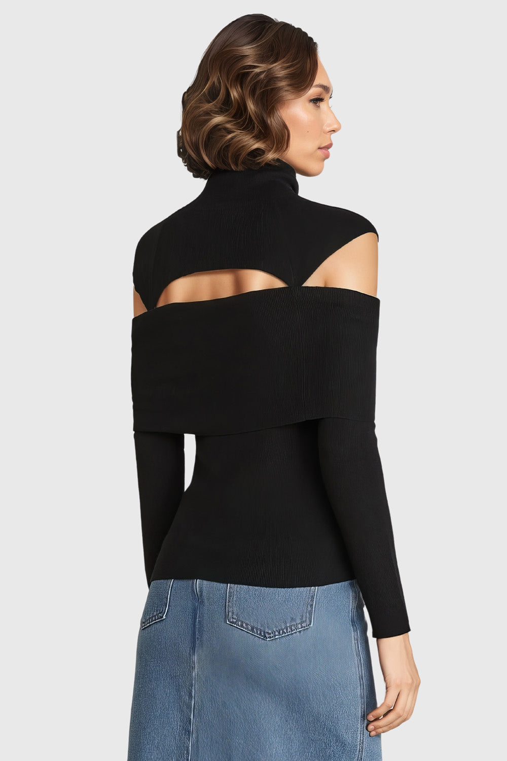 Knitted Top with High Neckline and Cuts - Black