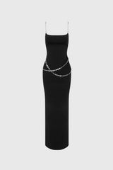 Vestido midi ajustado con cadenas en la cintura - Negro