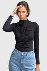 Ruched Long Sleeve Top - Black