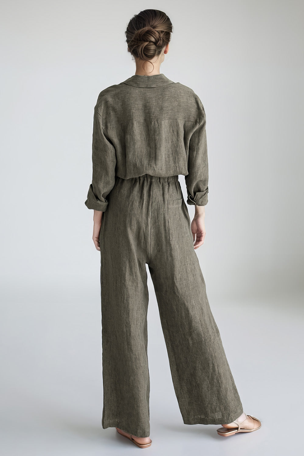 Long Jumpsuit with Elastic Waist - Dark Green