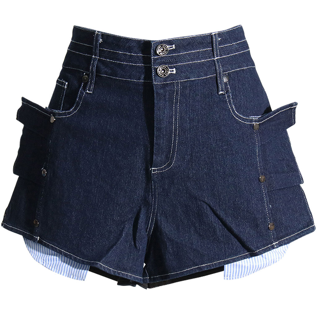 Trendy High Waist Relaxed Indigo Denim Shorts mit kontrastierendem Rüschenbesatz