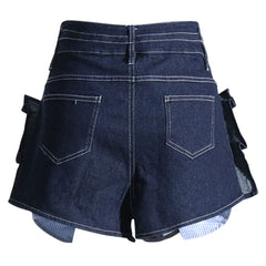 Trendy High Waist Relaxed Indigo Denim Shorts mit kontrastierendem Rüschenbesatz