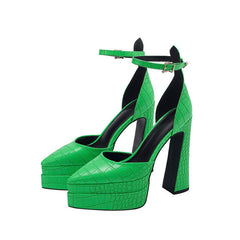 Trendy Croc Effect Pointed Toe Platform Chunky Heel Pumps - Green