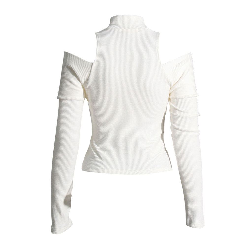 Trendy Cut Out Shoulder High Neck Half Zip Layered Cross Front Fitted Rib Knit Top