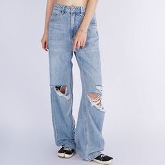 Trendy High Rise Fade Ripped Straight Wide Leg Jeans - Hellblau