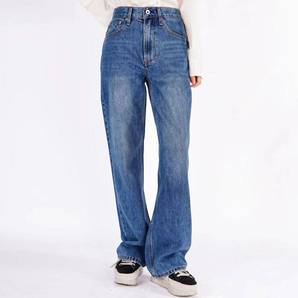 Trendy Mid Rise Fade Detail Straight Wide Leg Jeans - Mittelblau