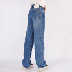 Trendy Mid Rise Fade Detail Straight Wide Leg Jeans - Mittelblau