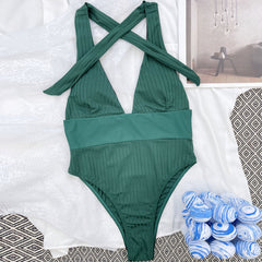 Trendy Ribbed High Cut Deep V Halter Brazilian One Piece Swimsuit