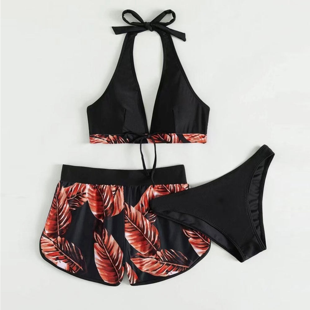 Tropical Boyshort Halter Triangle Brazilian Three Piece Bikini Swimsuit