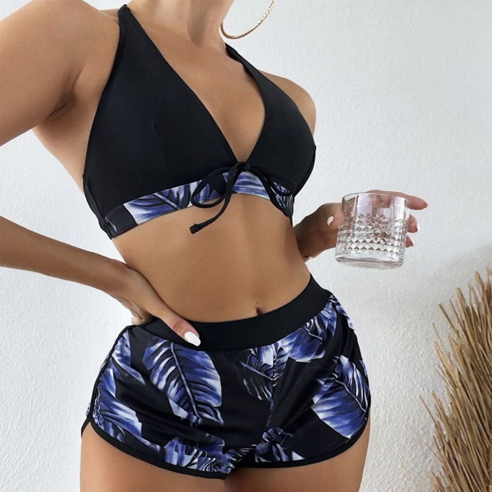 Tropical Boyshort Halter Triangle Brazilian Three Piece Bikini Swimsuit