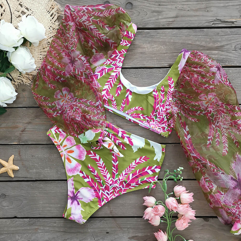 Traje de baño bikini brasileño de dos piezas con cintura alta y mangas de organza con estampado floral tropical