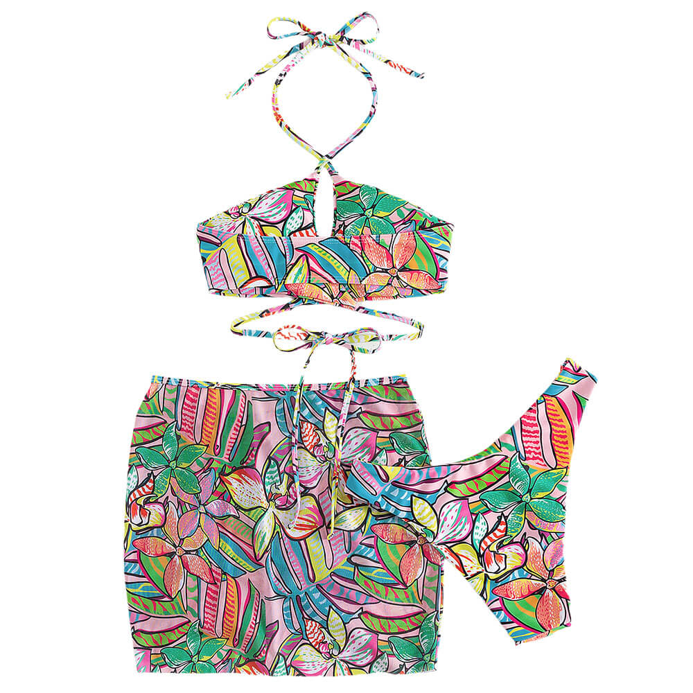 Tropical High Leg Cheeky Printed Wrap Around Brazilian Three Piece Bikini Swimsuit