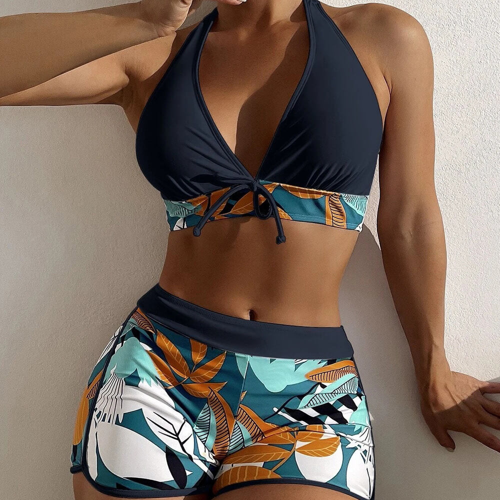 Tropical High Wast Boy Short Halter Brazilian Two Piece Bikini Swimsuit