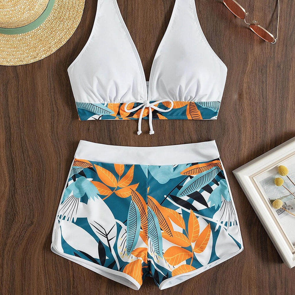 Tropical High Wast Boy Short Halter Brazilian Two Piece Bikini Swimsuit