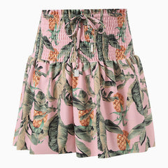 Tropical Leaf Ruffle High Waist Drawstring Bow Tie Smocked Mini Skort Cover Up