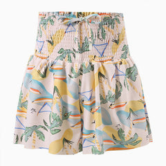 Tropical Leaf Ruffle High Waist Drawstring Bow Tie Smocked Mini Skort Cover Up